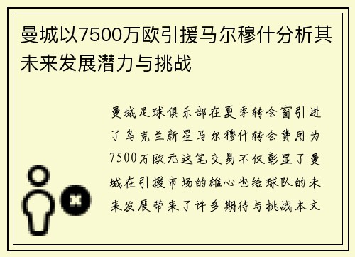 曼城以7500万欧引援马尔穆什分析其未来发展潜力与挑战